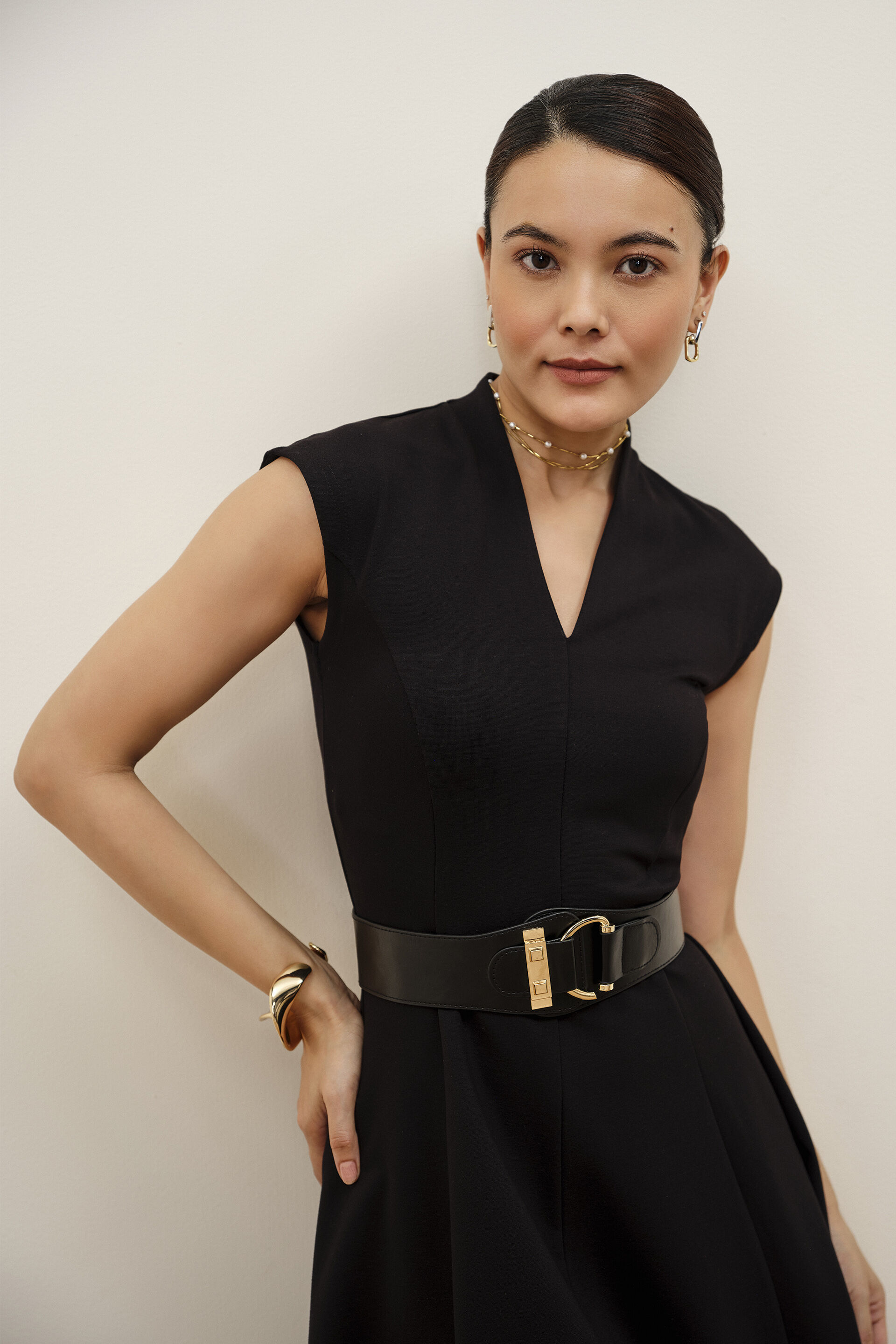 Rosette Black Panelled Dress, Black, image 2